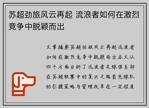 苏超劲旅风云再起 流浪者如何在激烈竞争中脱颖而出