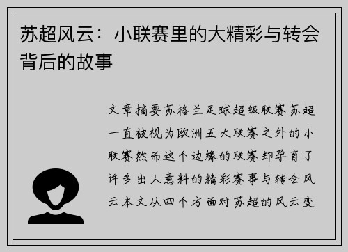 苏超风云：小联赛里的大精彩与转会背后的故事