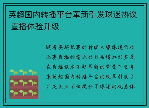 英超国内转播平台革新引发球迷热议 直播体验升级